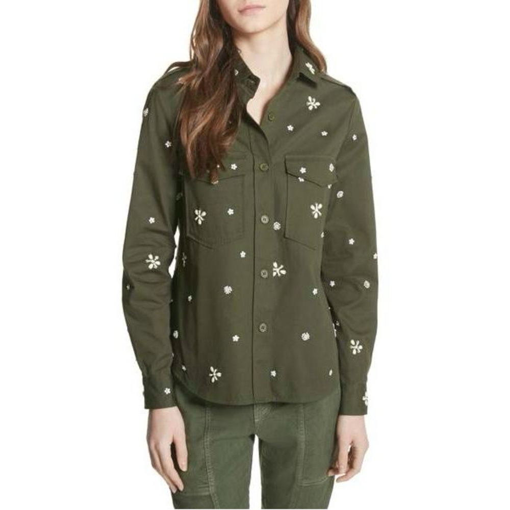 Joie Hayfa Embellished Beaded Olive Green Boho Button Down Shirt Over Jacket XXS
